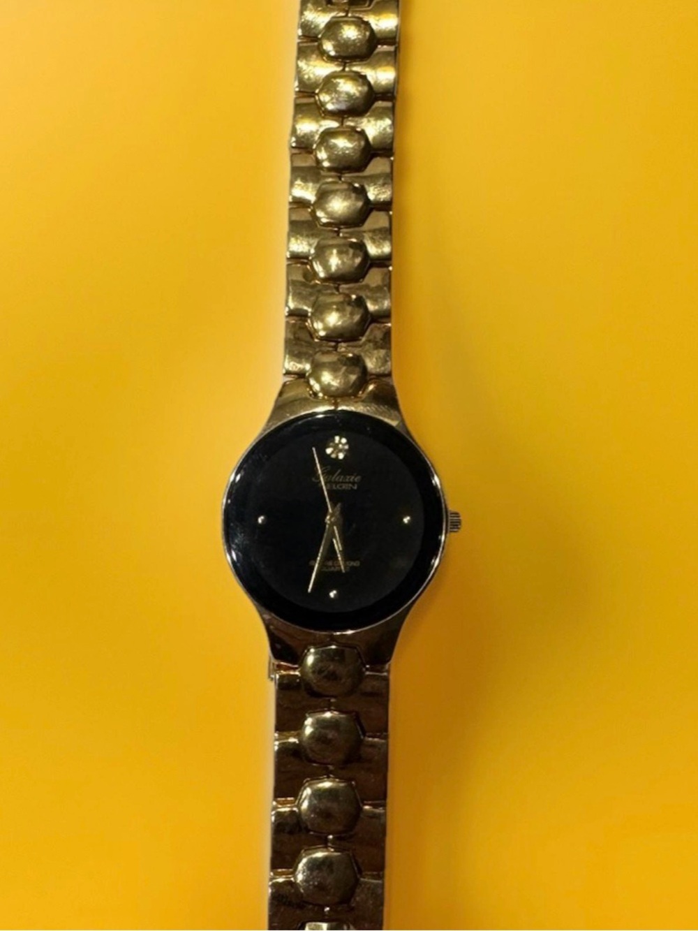 Galaxie By Elgin Black Dial Gold Tone Unisex Diamond Quartz Watch Rare PIM150DM